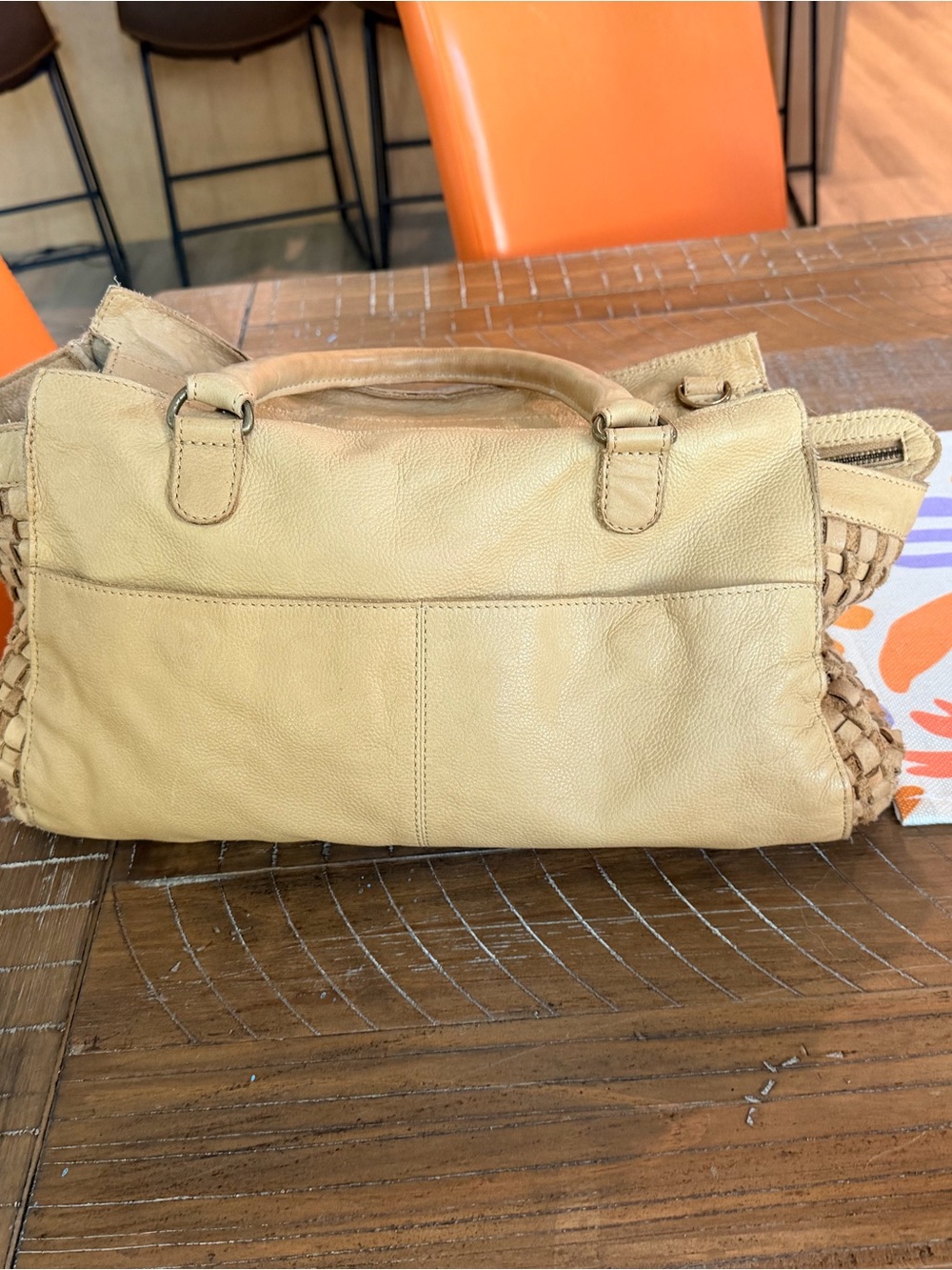 Woven Side Panel Leather Shoulder Bag - Tan